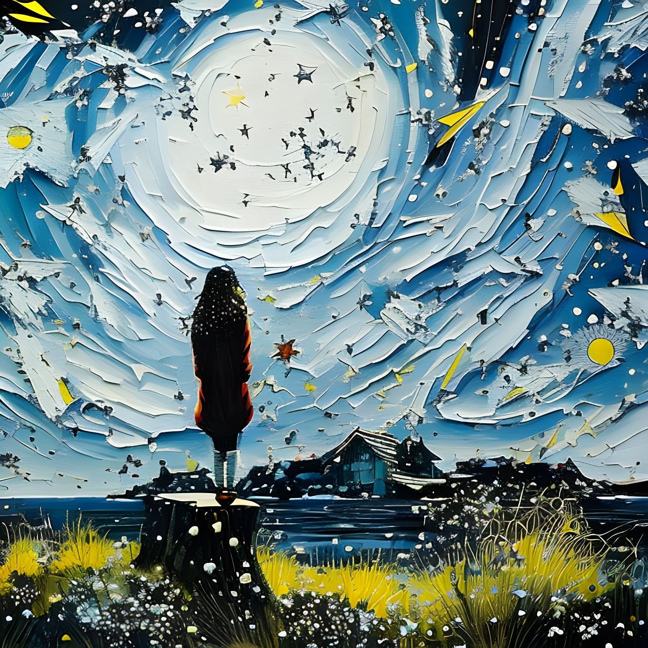 Girl with Starry Night Sky, Detailed Matte Painting