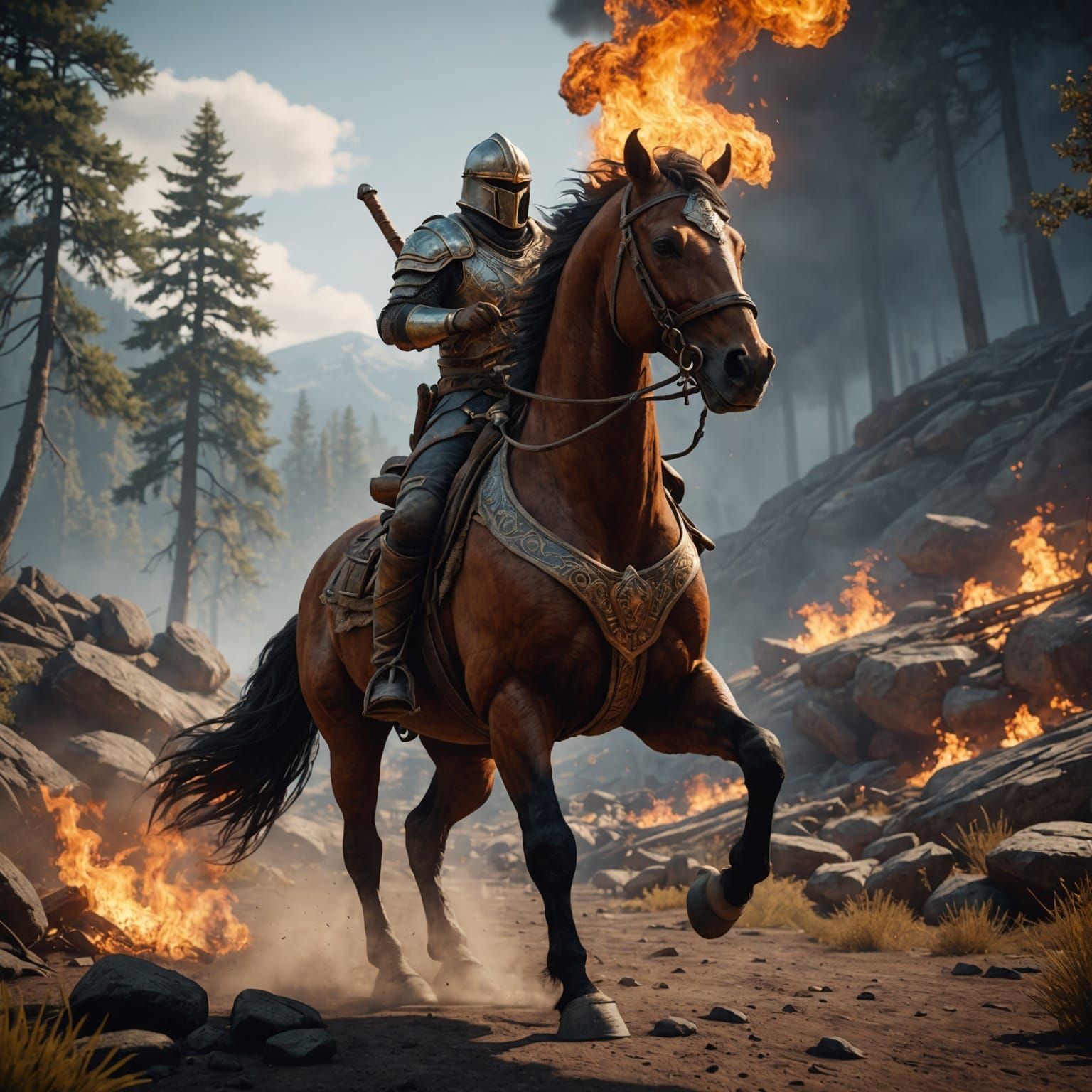 Fiery Horse in 3D Game Cinematic Style