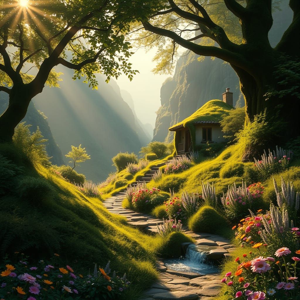 Surreal Landscape with Whimsical Valley Path and Cozy Cottag...