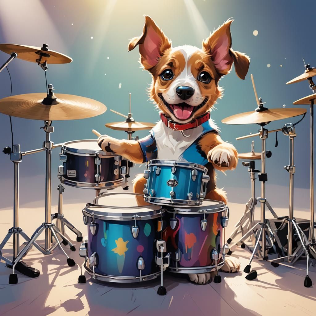 Puppy's First Drum Solo: A Cartoon Digital Illustration