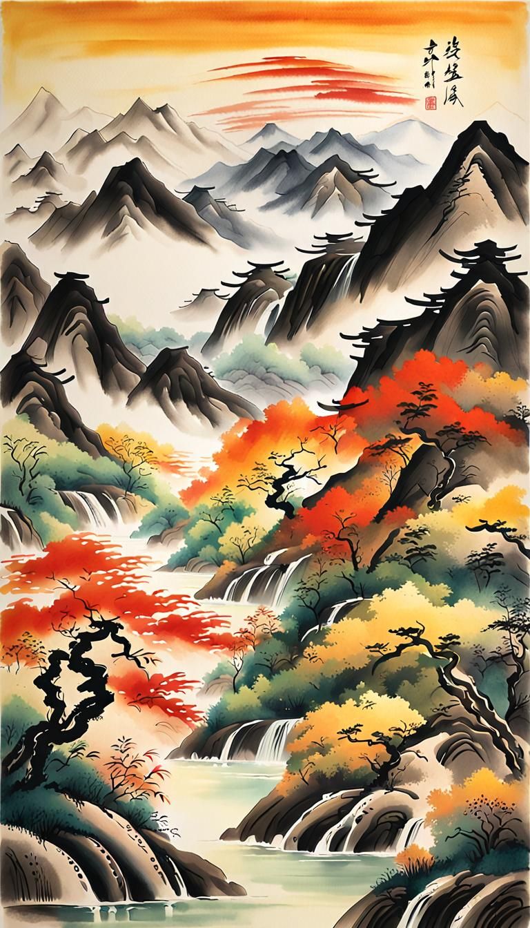 Mountain Landscape with Calligraphy in Sumi-e Style