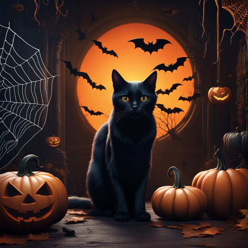 Halloween Wallpaper with Black Cat and Pumpkins