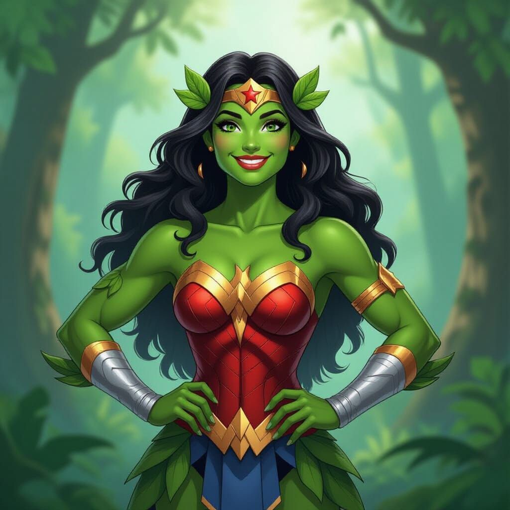 Plant Creature as Wonder Woman in Forest Setting