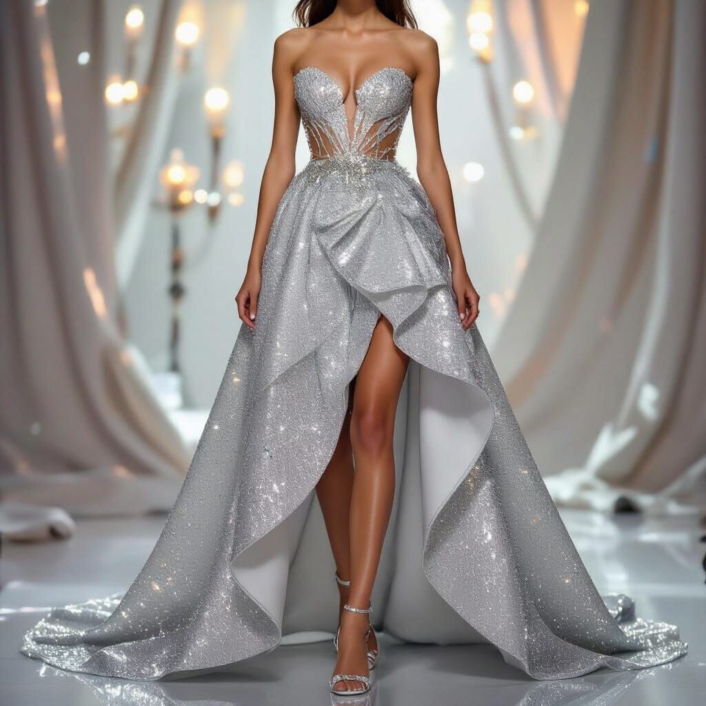 Sparkling Silver Asymmetrical Gown with Jewel Neckline