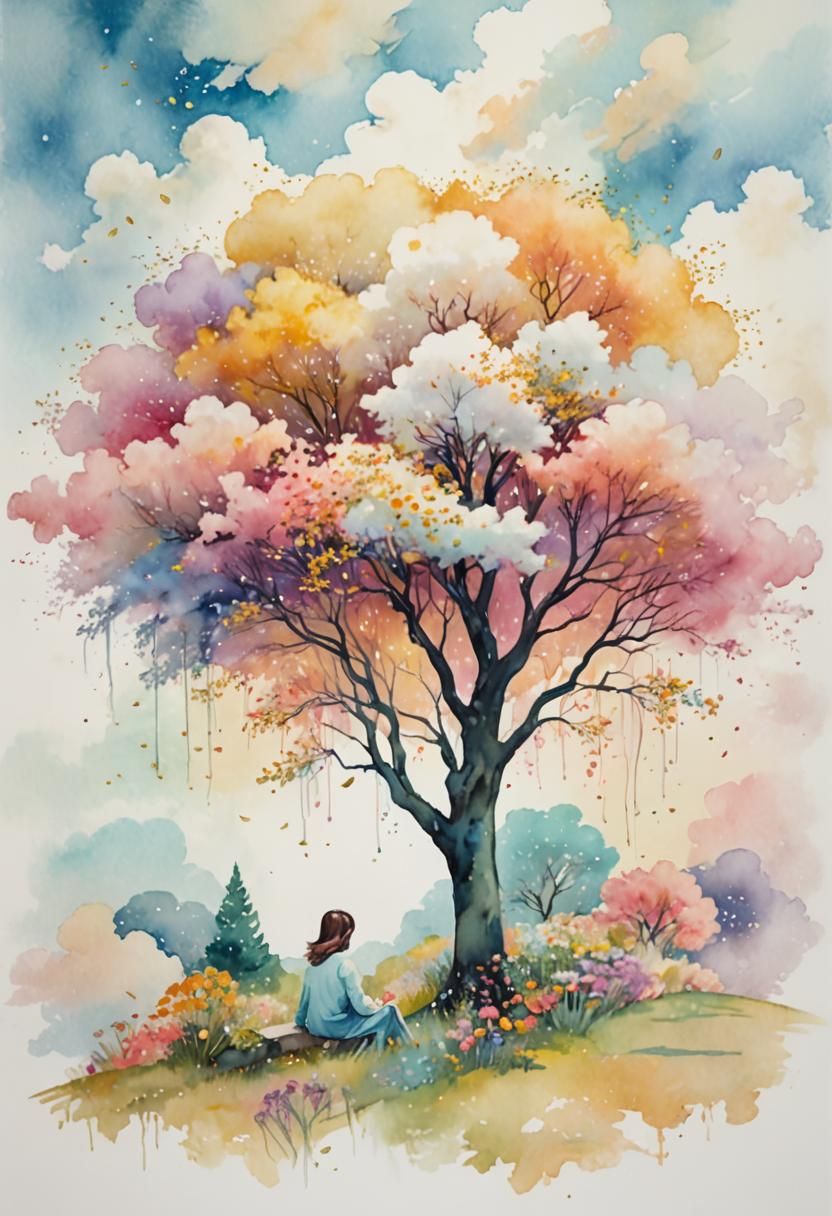 Dreamlike Garden in Pastel Colors with Golden Light