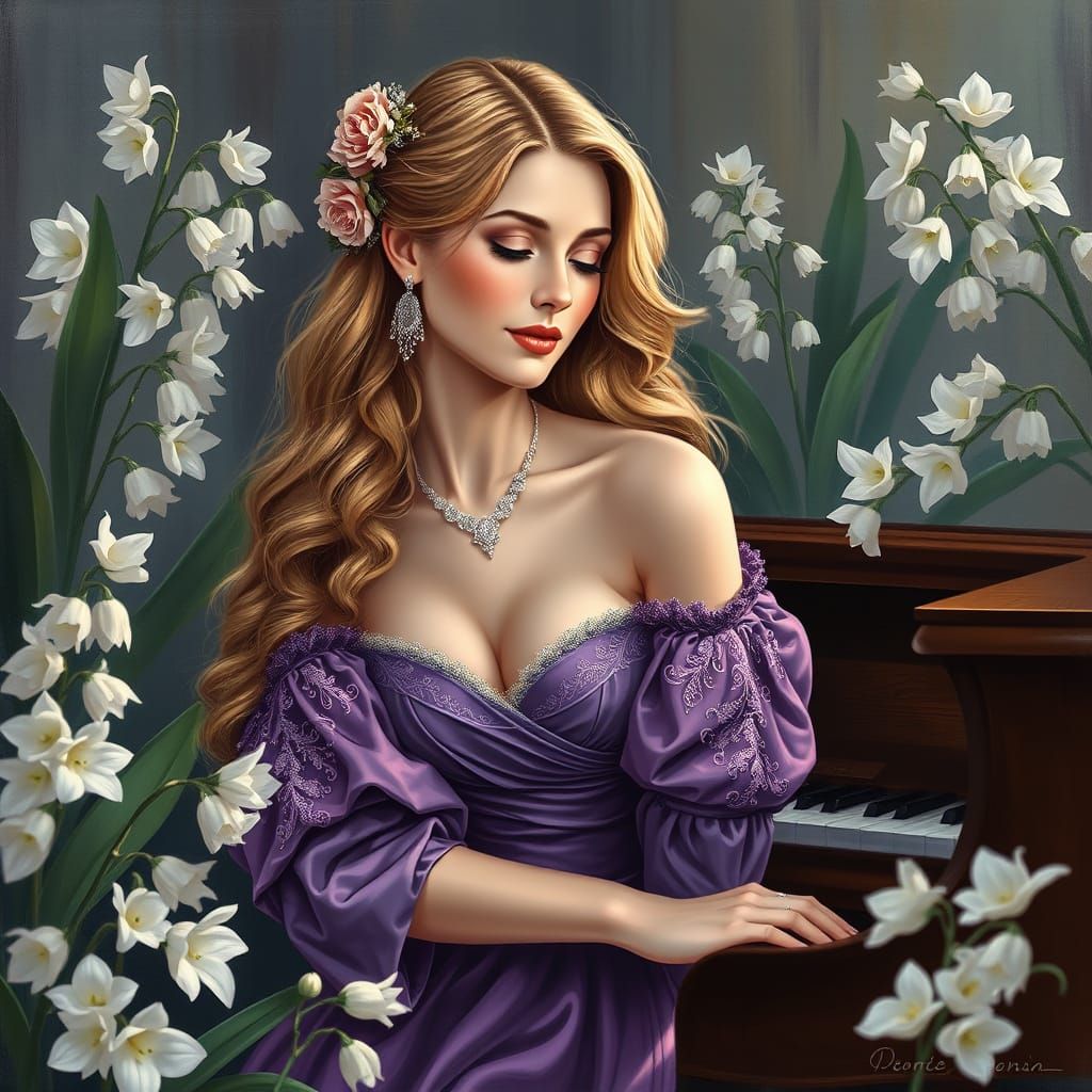 Elegant Woman in Lavish Purple Gown Plays Piano Amidst Lily-...