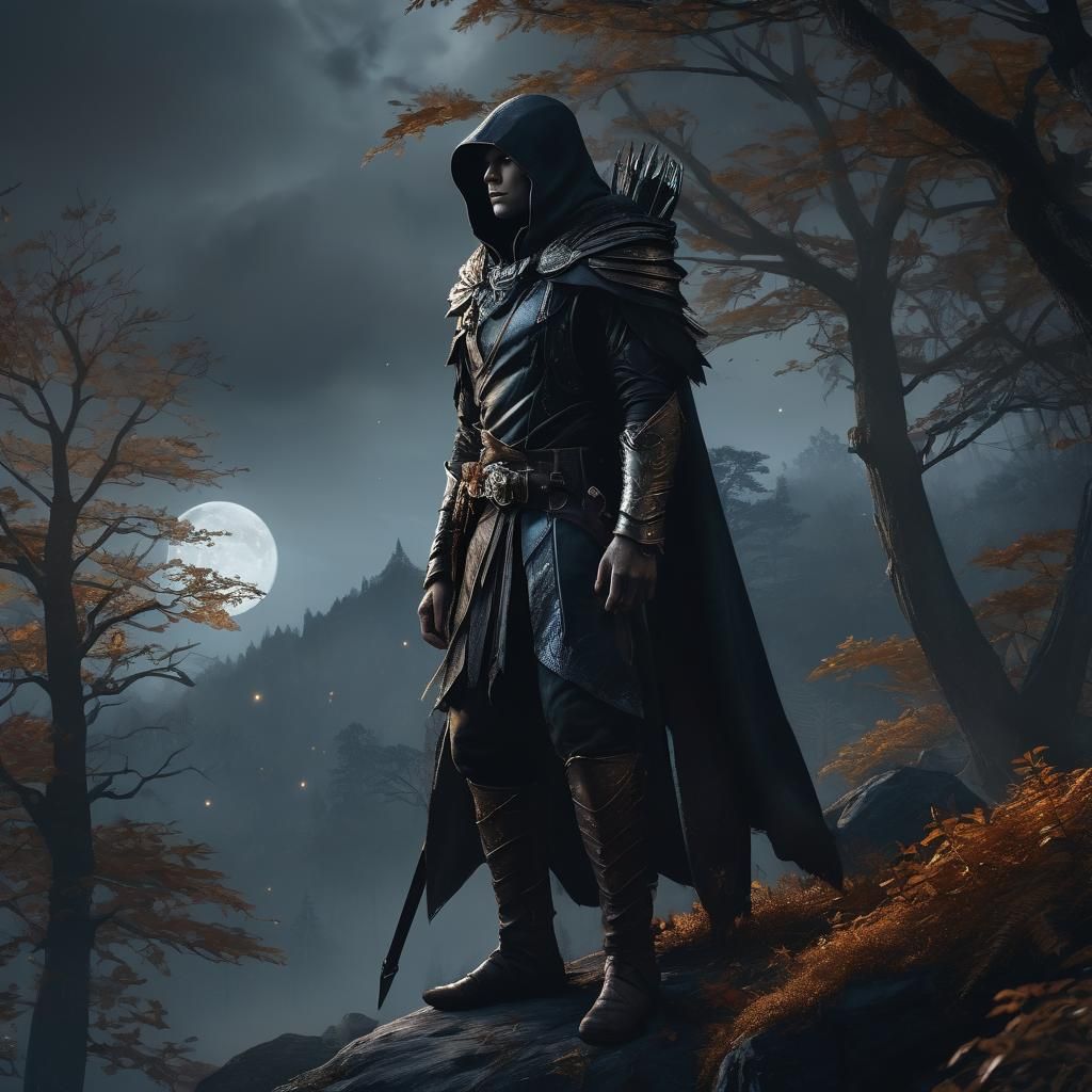 Dark Elf Ranger on Misty Peak in Digital Art