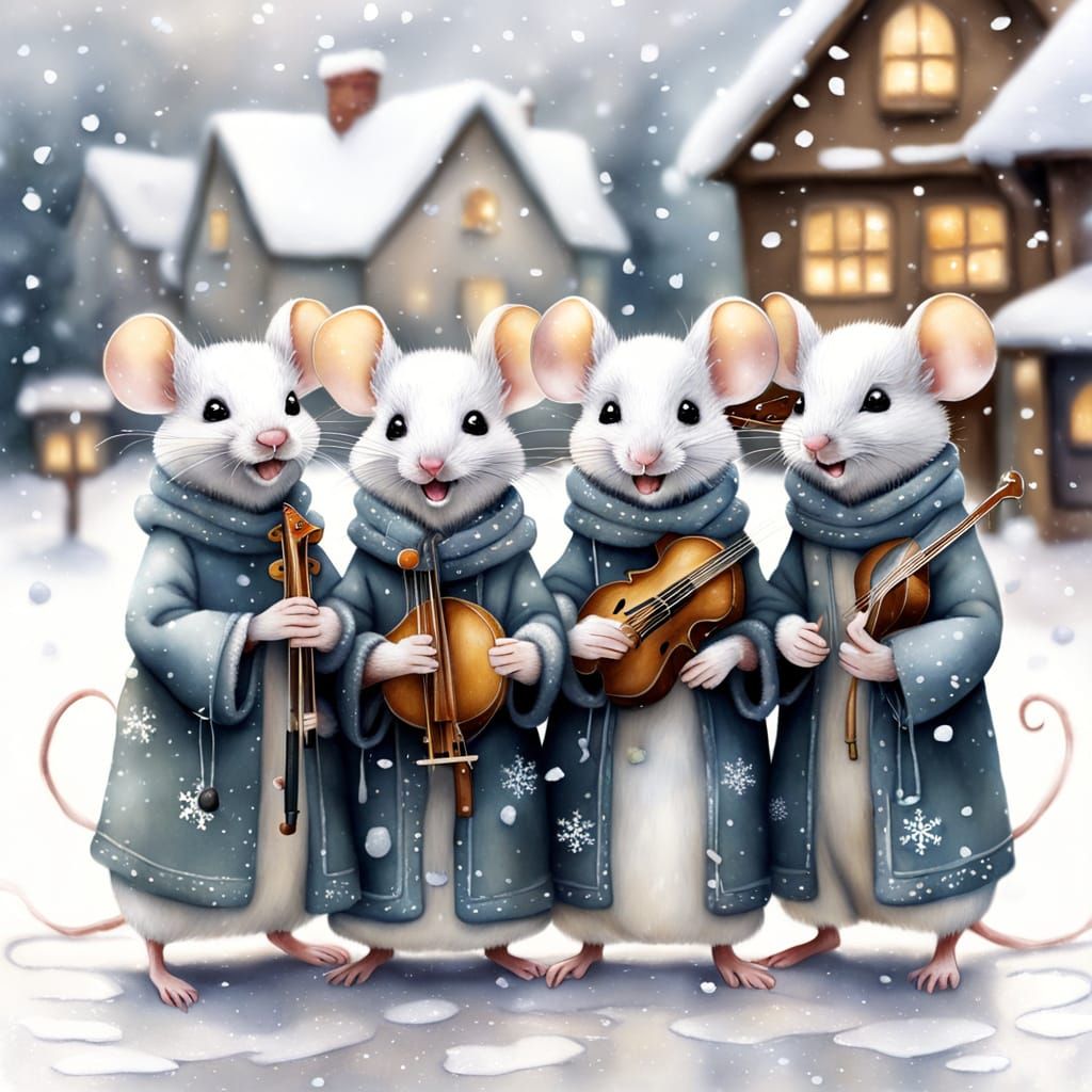 Mice Singing Carols in a Snowy Village
