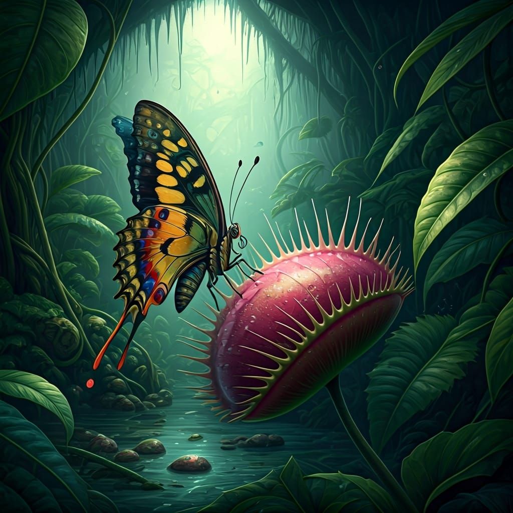 Puzzled Butterfly on Carnivorous Plant in Jungle