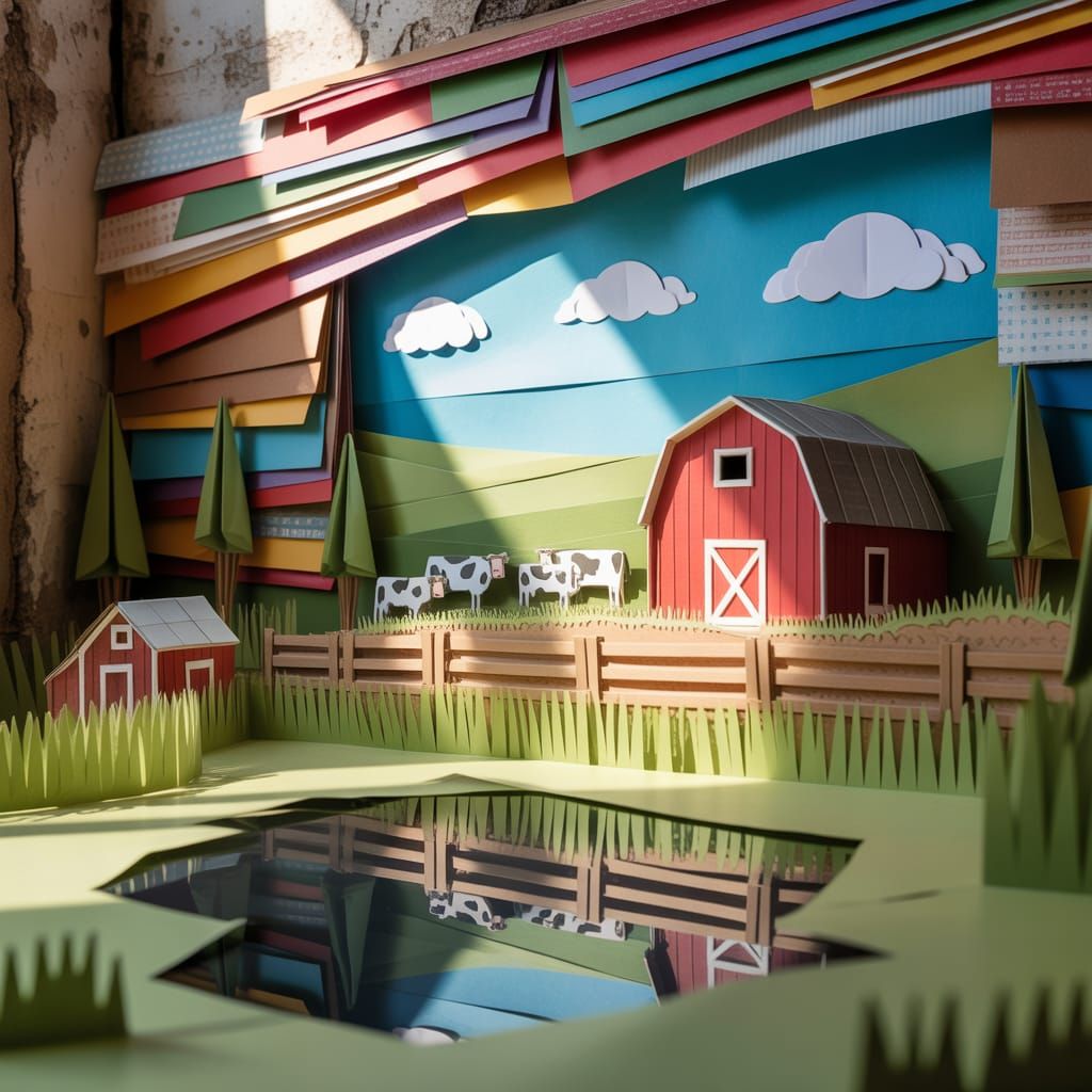 Whimsical Papercraft Cows Behind a Fence Photograph