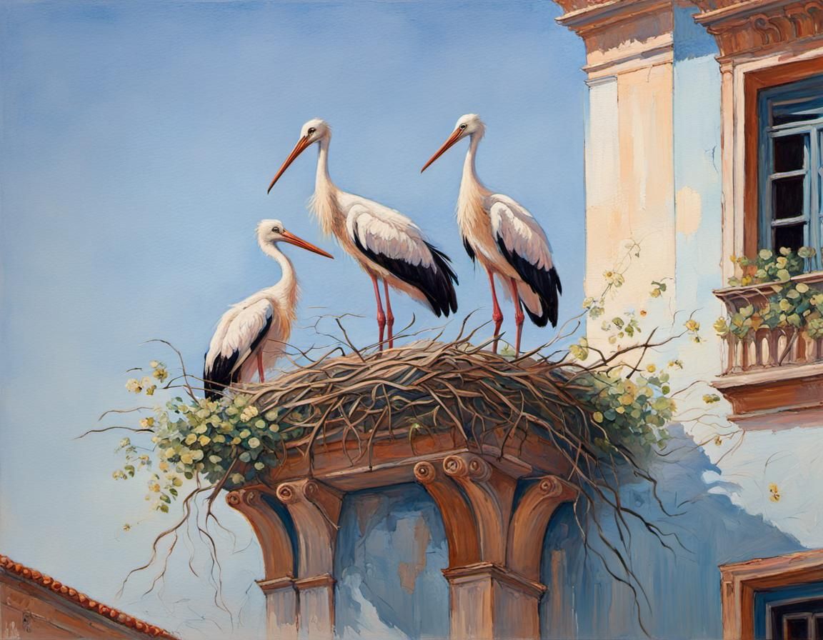 Storks Nest on Weathered Palace Balcony