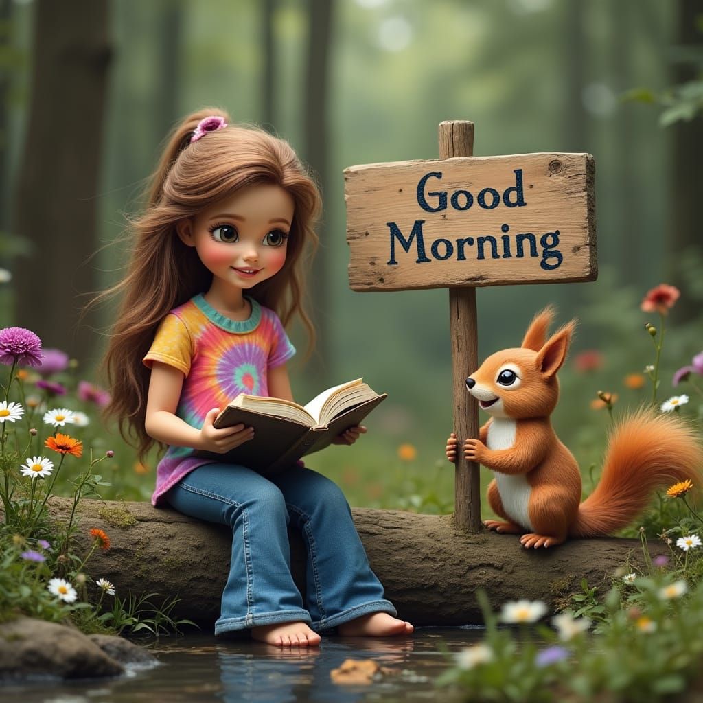 Hippie Woman and Girl Reading Book in Forest