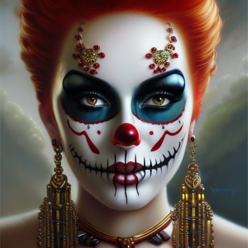 Clown Skeleton Woman in Ethereal Oil Painting
