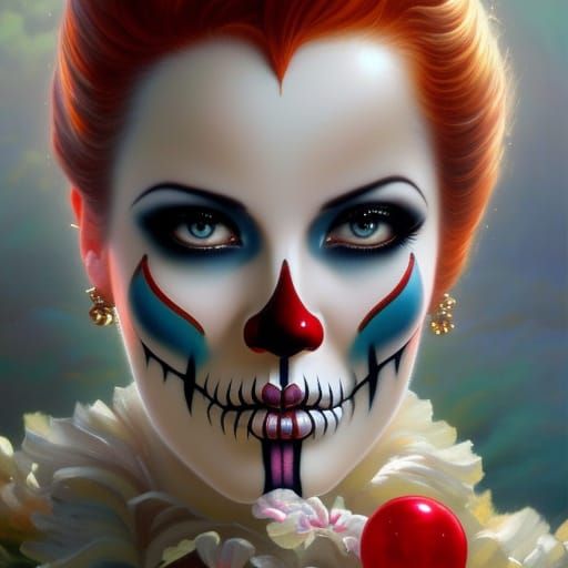 Sinister Clown Skeleton Woman, Hyperrealistic Digital Art