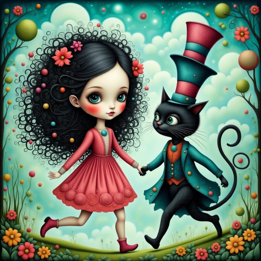 Whimsical Girl and Feline Friend in Steampunk Attire