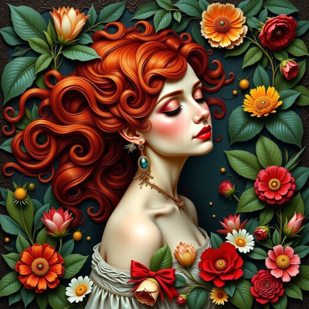 Whimsical Red-Haired Woman in Lush Floral Setting