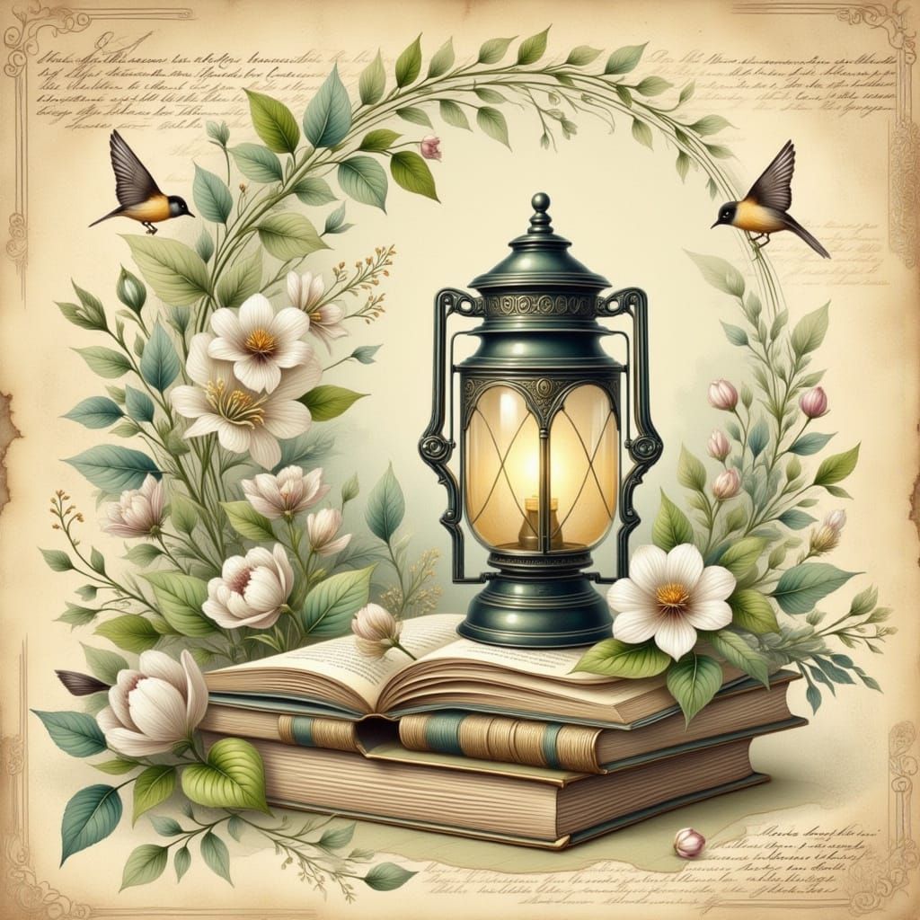 Vintage Lantern on Books with Flowers and Birds