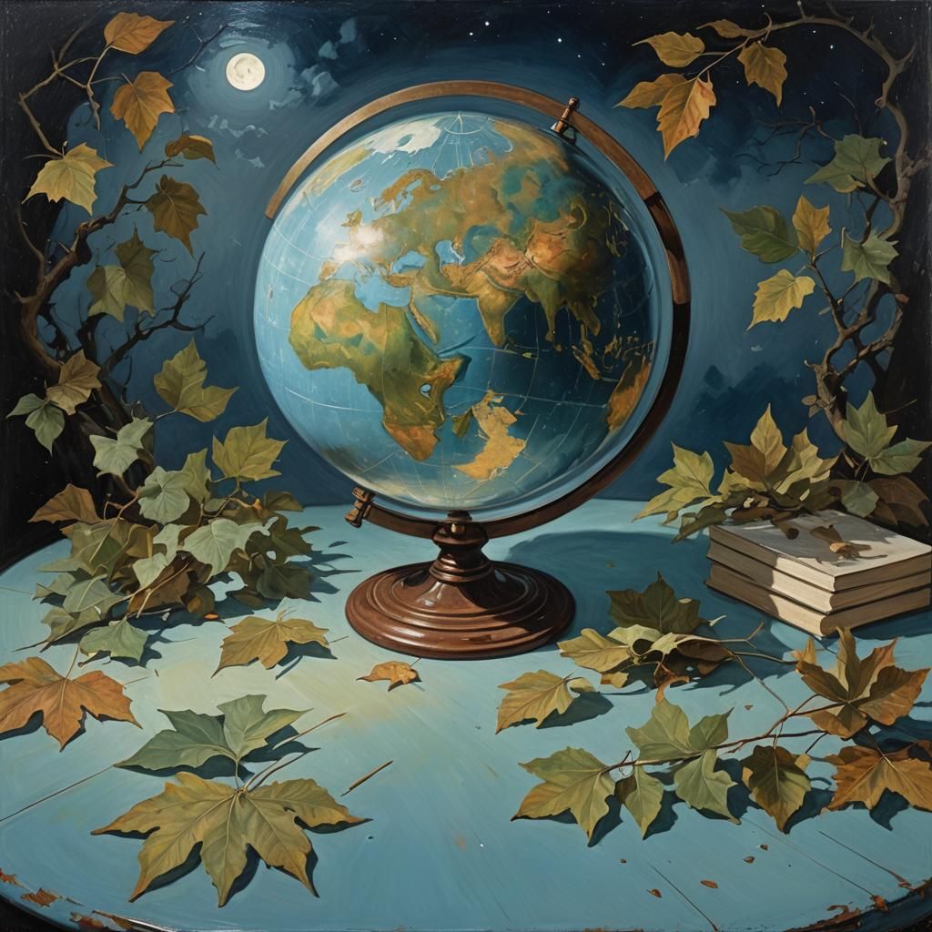 Vintage Earth Globe Under Moonlight: Oil Painting
