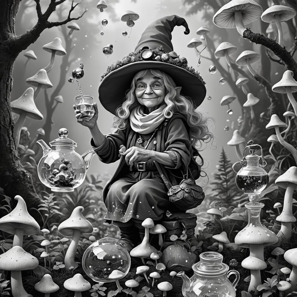 Playful Gnome Potion Maker in Greyscale