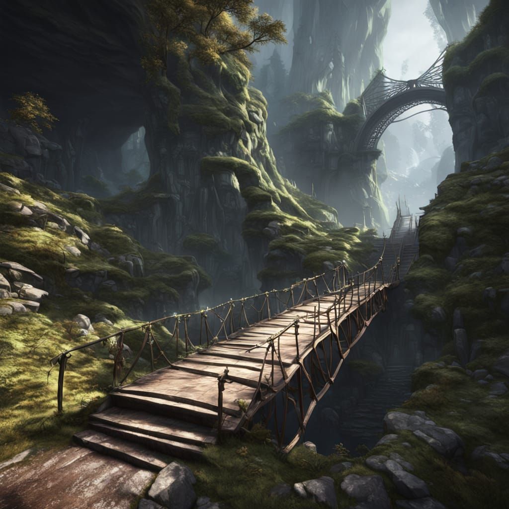 Ancient, Glowing Bridge Connects Primeval Cliffs in Mystical...