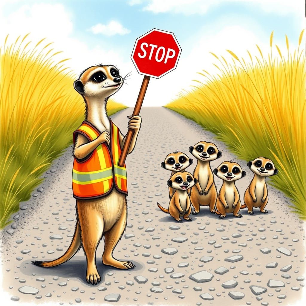 Adorable Meerkat Crossing Guard in Whimsical Children's Book...