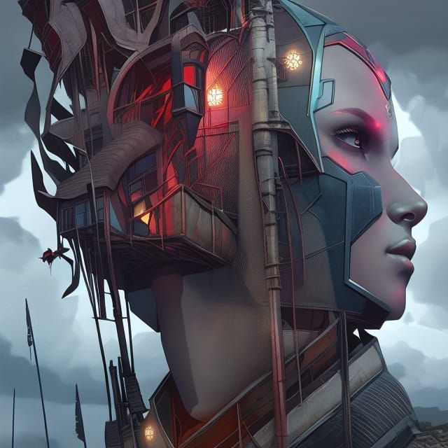 Cyberpunk Building Portrait in Gritty Flowerpunk Style