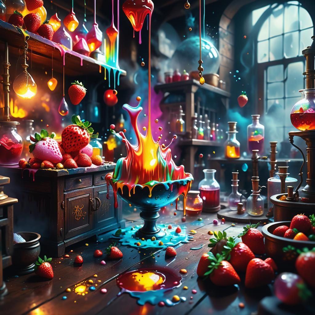Strawberry Candy Explosion in Alchemist Lab, Oil Painting