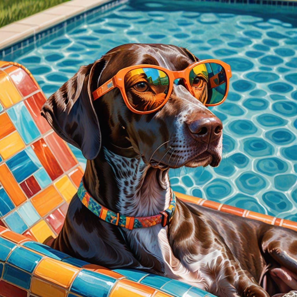 German Shorthaired Pointer Lounging Poolside: Oil Painting