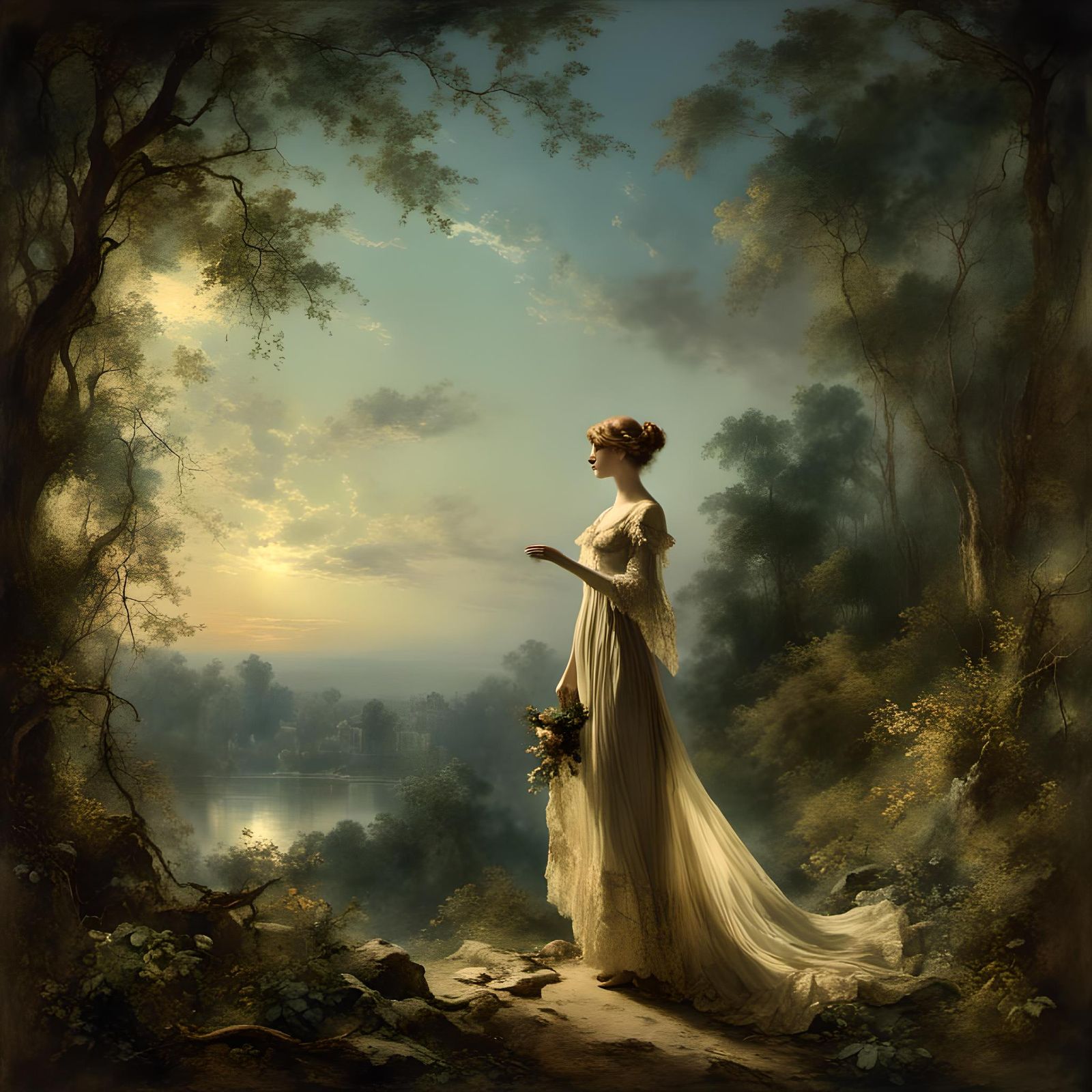 Regency Woman in Golden Hour Landscape