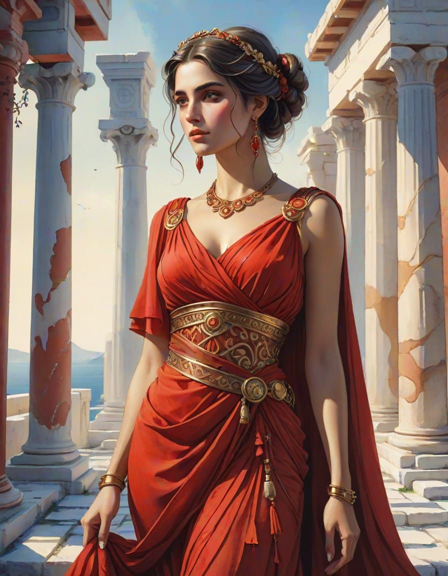 Greek Goddess in Vibrant Red Attire