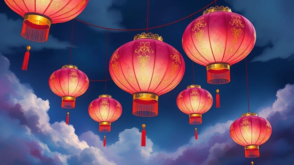 Chinese Lanterns in a Dreamlike Watercolor Painting