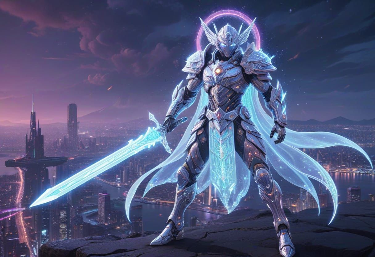 Mystical Cyborg Warrior in Sci-Fi City Concept Art