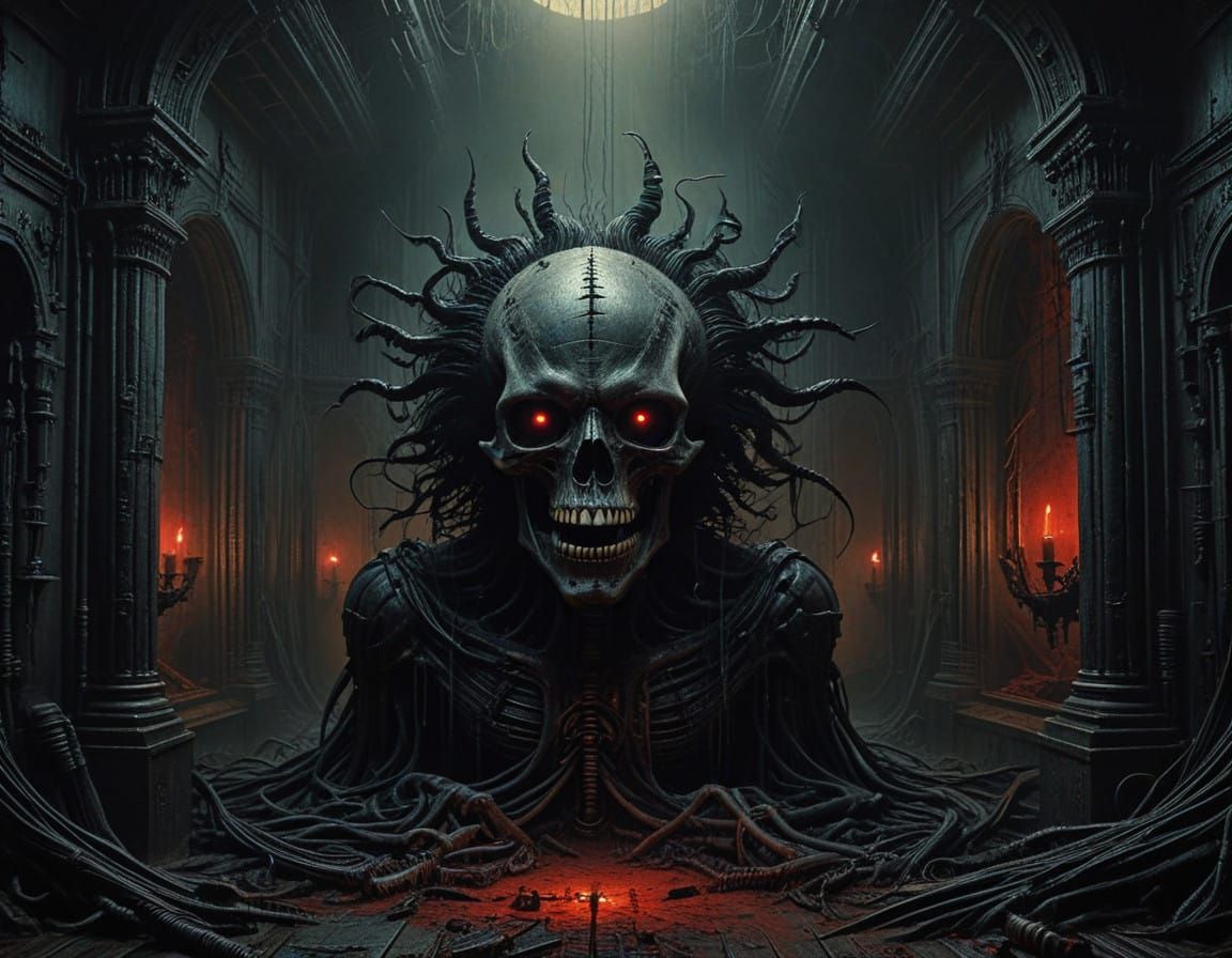 Twisted Gothic Machinery in a Dark, Abandoned Chamber