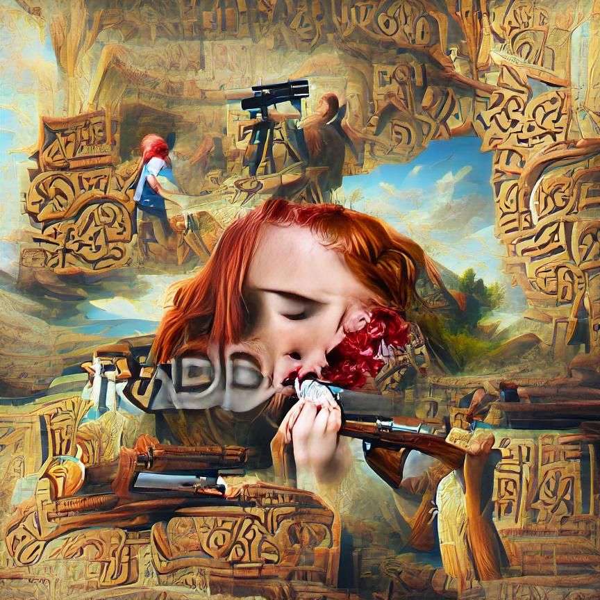 red head girl shooting herself in the face crying with a antique gun over a carving old runes beautiful detailed paintin...