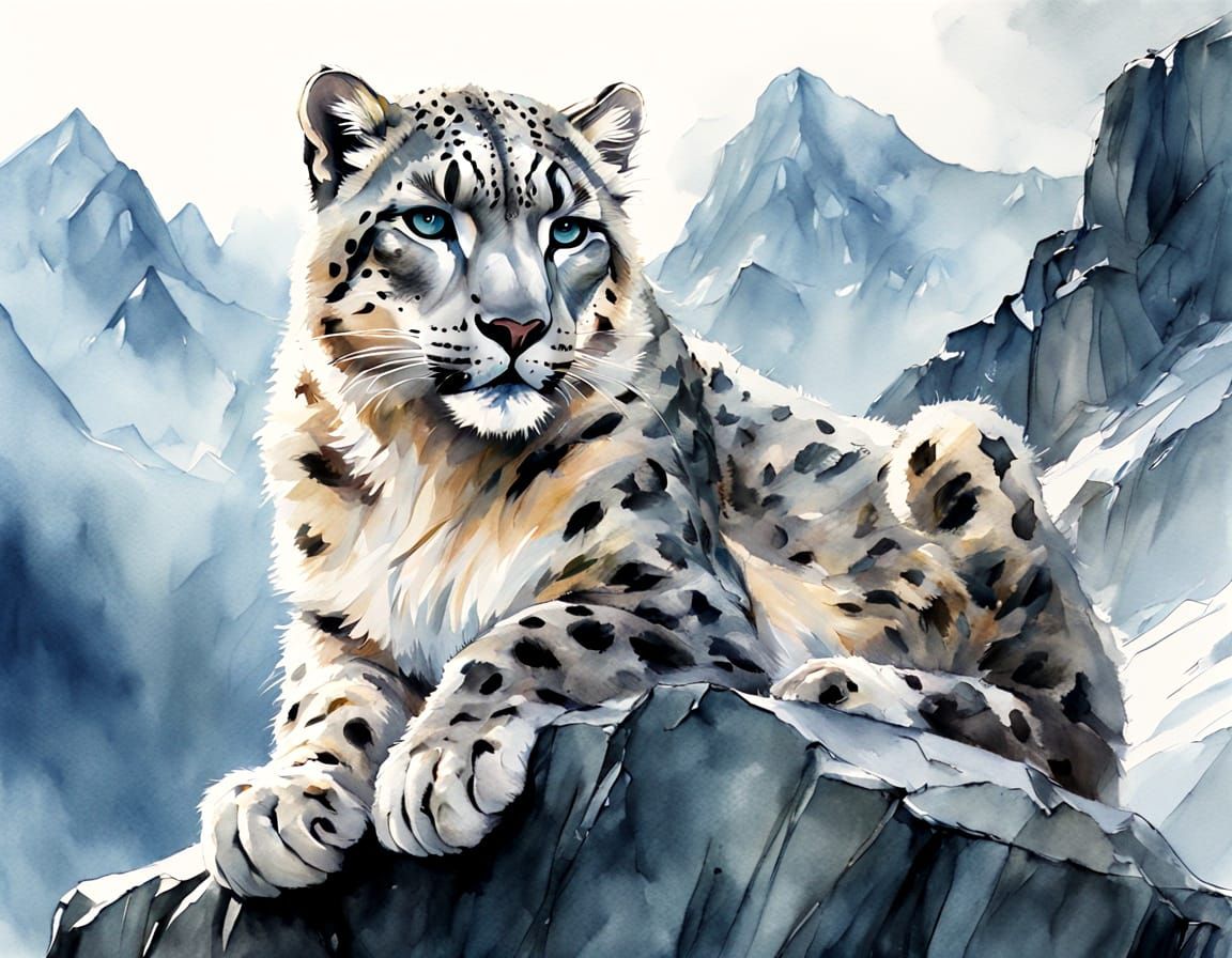 Snow Leopard on Icy Peaks in Watercolour Style