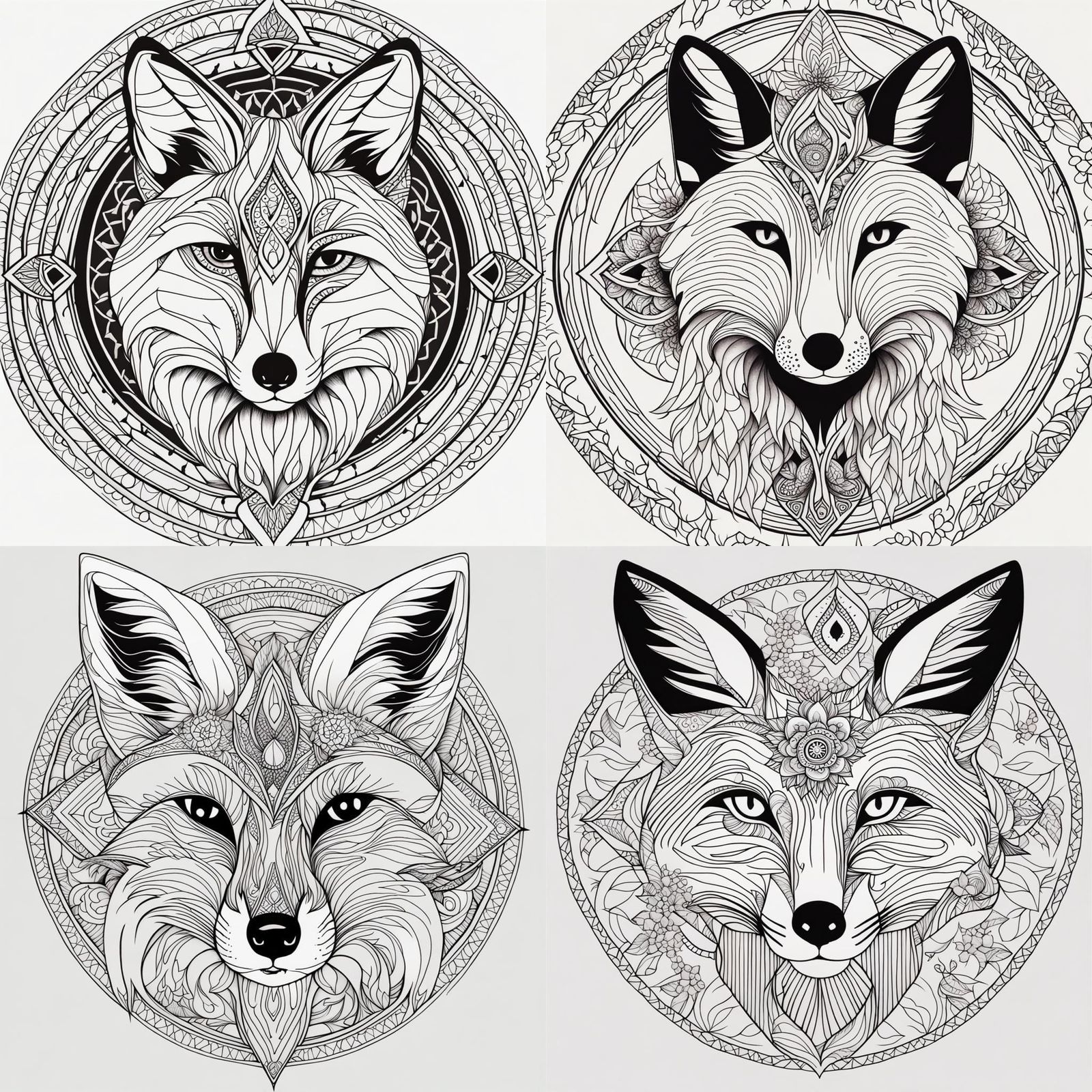 Fox Mandala: Black and White Line Drawing