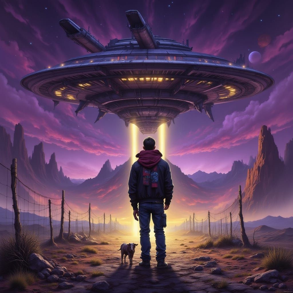 Cow in Denim Jacket Under Alien Sky