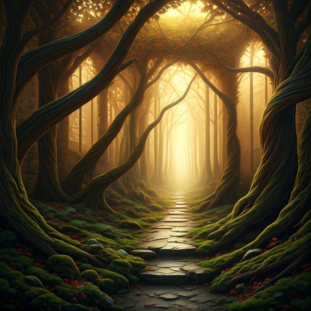 Ethereal Landscape with Gnarled Trees, in Oil Painting Style