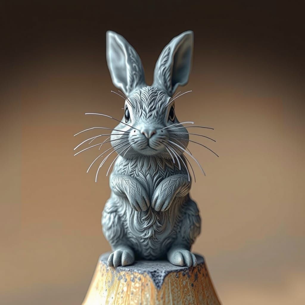 Graphite Pencil Bunny Sculpture in Dramatic Light