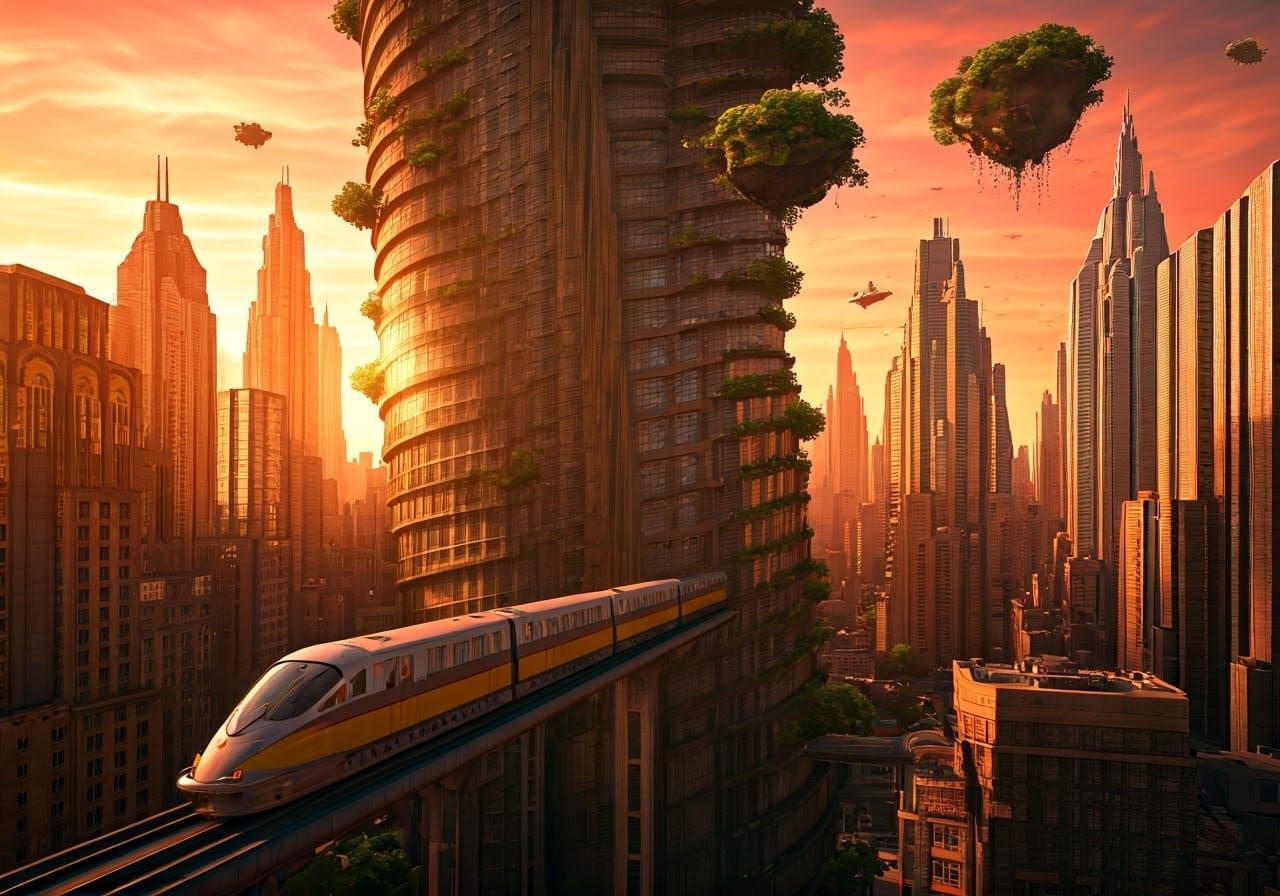Retro-Futuristic Cityscape at Golden Hour with Art Deco Skys...