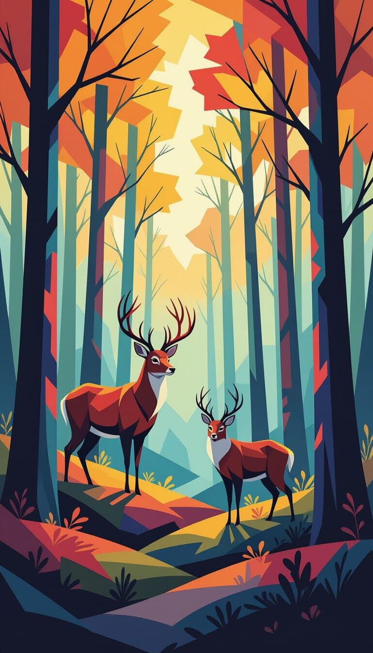 Cubist Deer and Owl in Abstract Forest