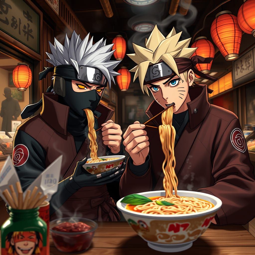 Kakashi and Naruto: Ramen in 3D Anime Style