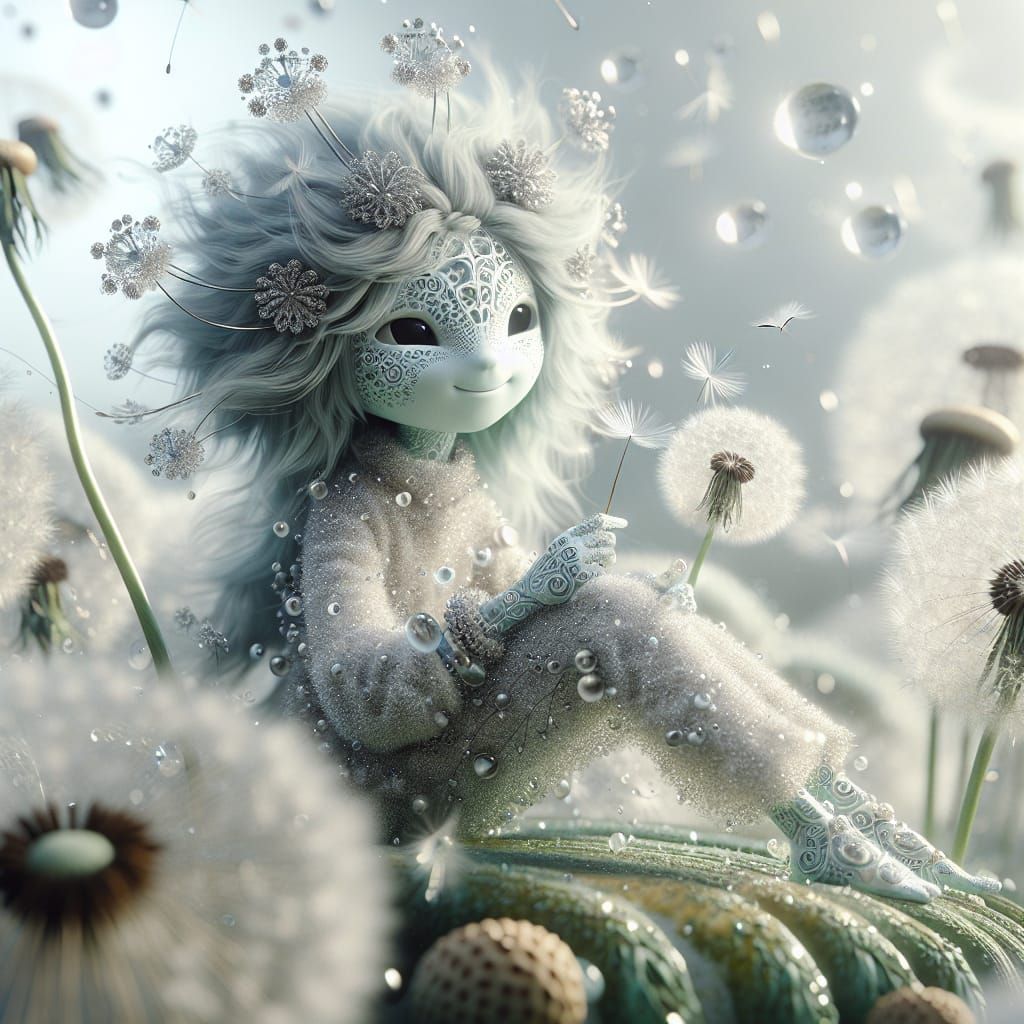 Dreamy Girl with Brush Head, Amidst Floating Leaves and Dewd...