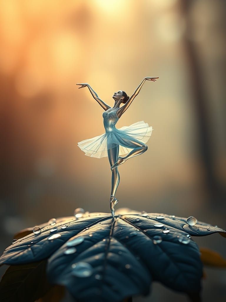 Ethereal Water Ballerina in Arabesque Pose Amidst Dewy Fores...
