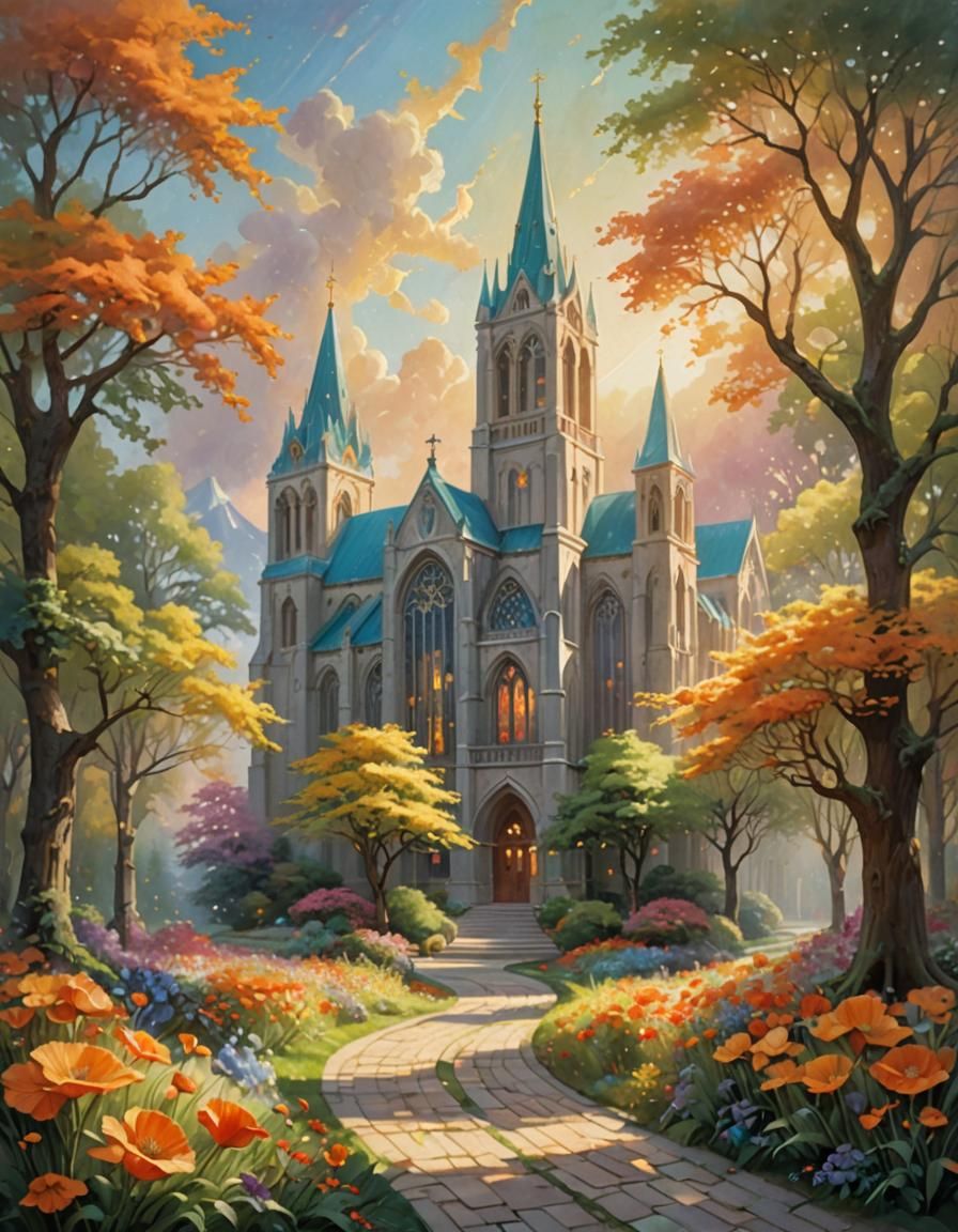 Ethereal Cathedral with Poppies in Golden Light