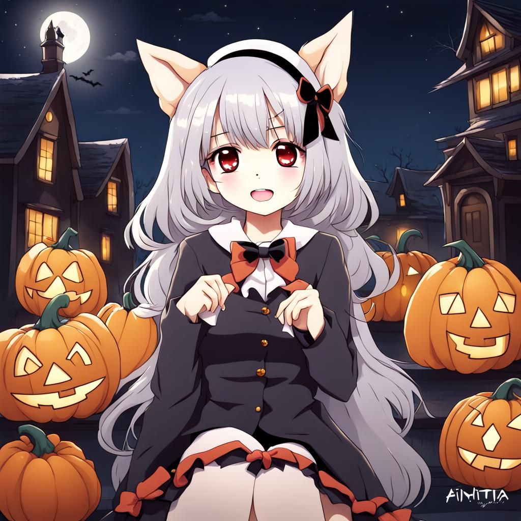Cute Dog Girl on Halloween Night in Anime Style