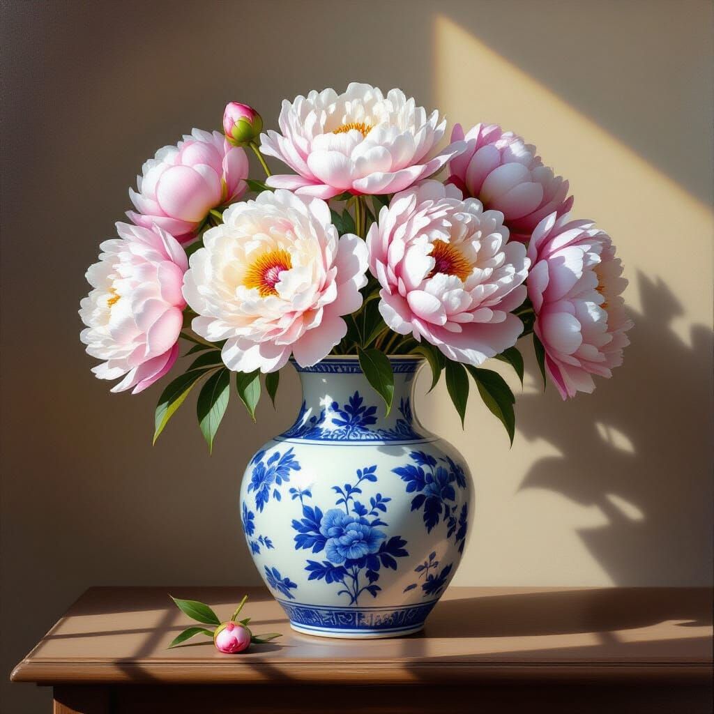 Hyperrealistic Porcelain Vase with Peonies in Vermeer Style