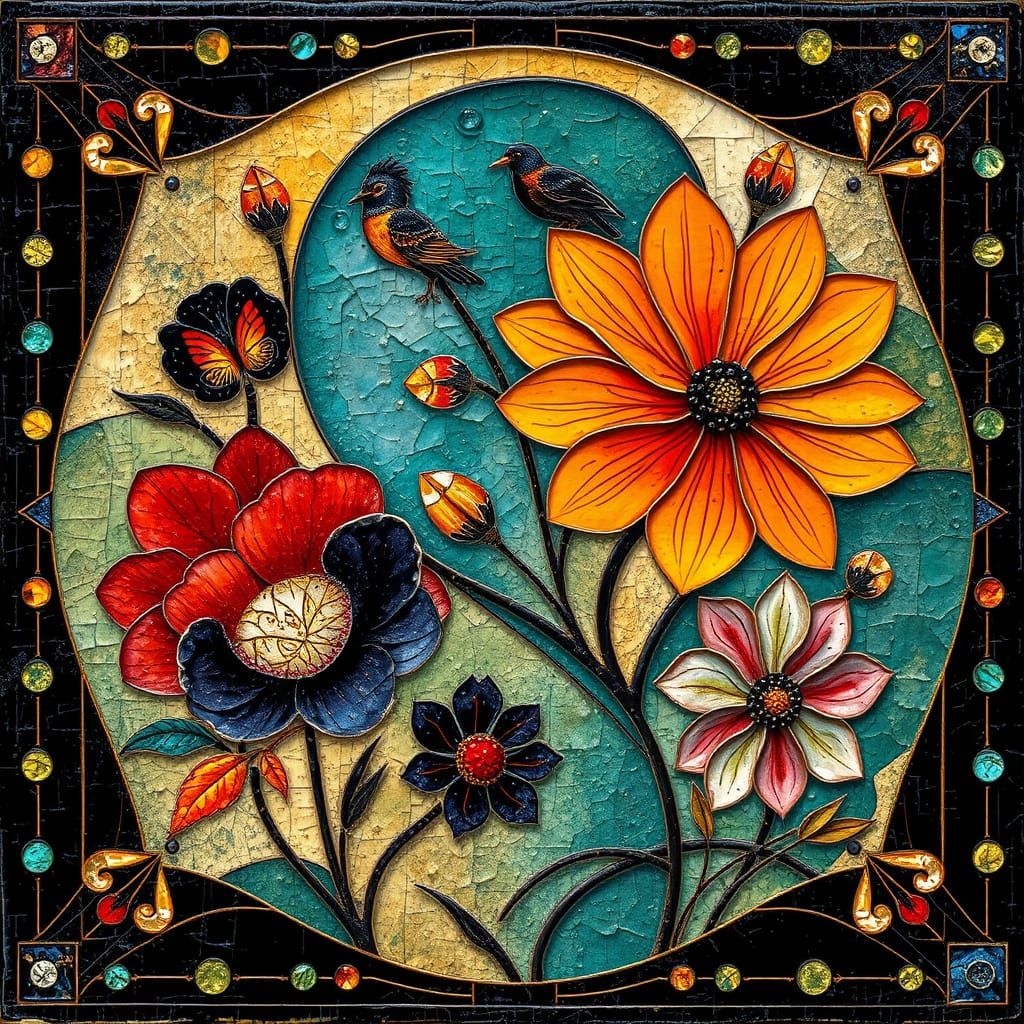 Vibrant Art Deco Floral Patterns in Rich Ochre and Malachite...