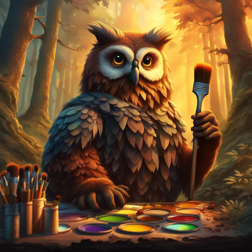 Owlbear Painting Mona Lisa in Mystical Forest