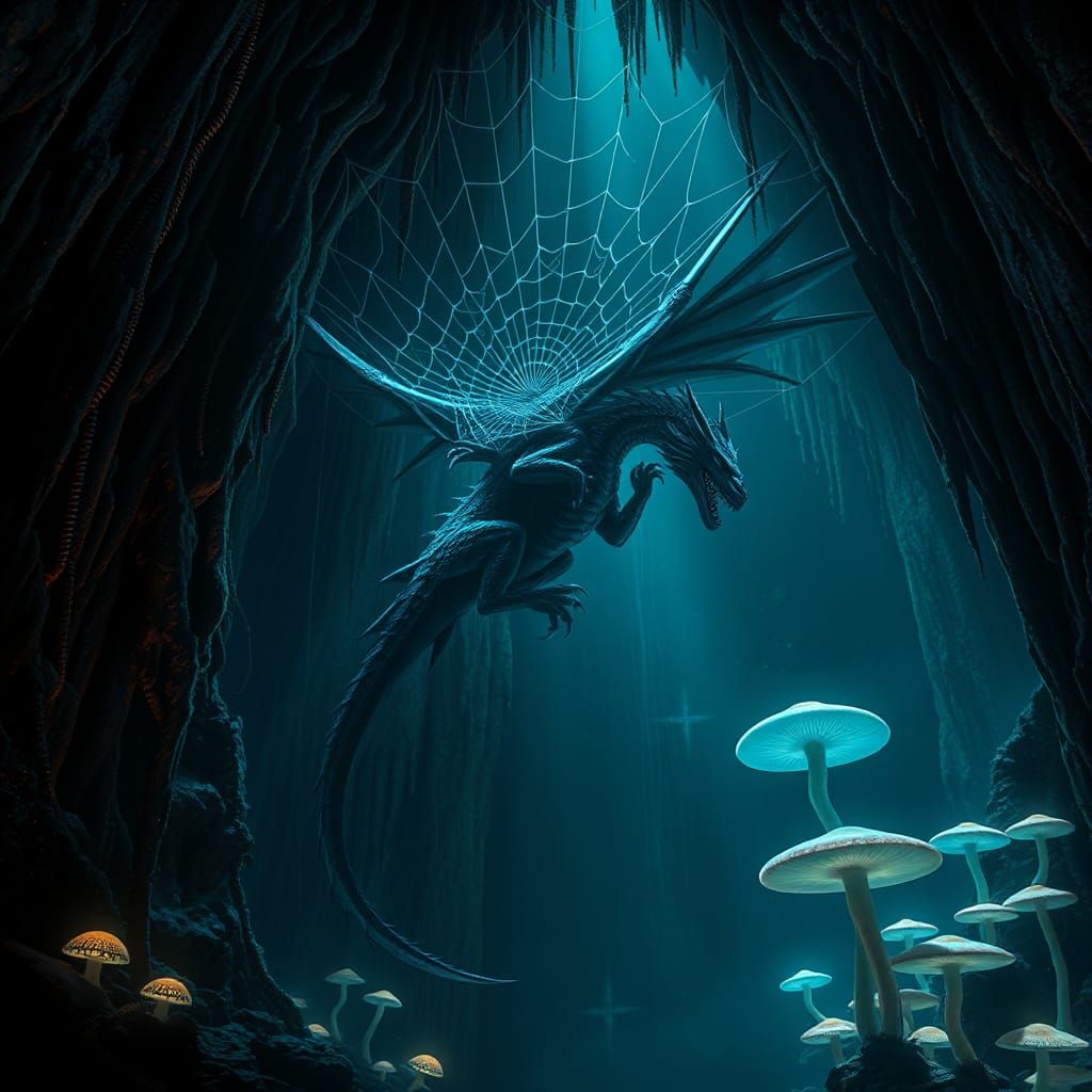 Iridescent Dragon on Colossal Web in Vast Cavern